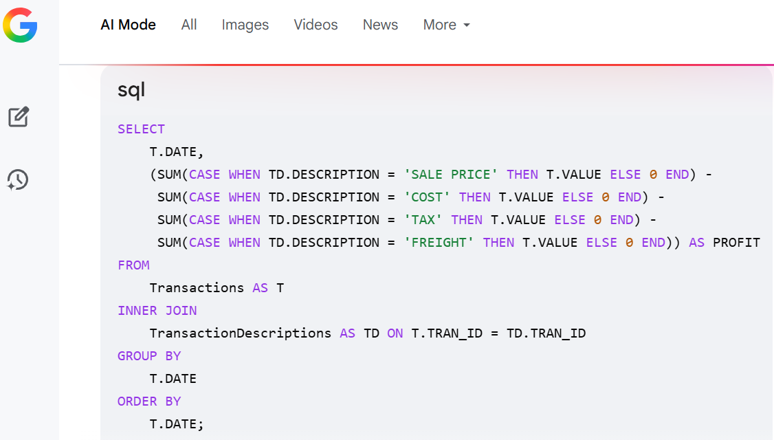 Google SQL Query Output