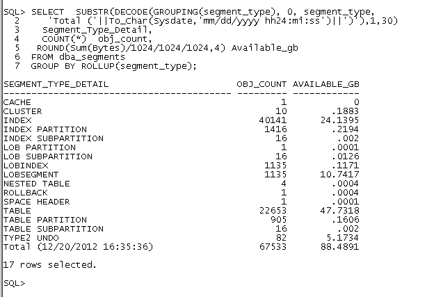 Oracle Database Object Size